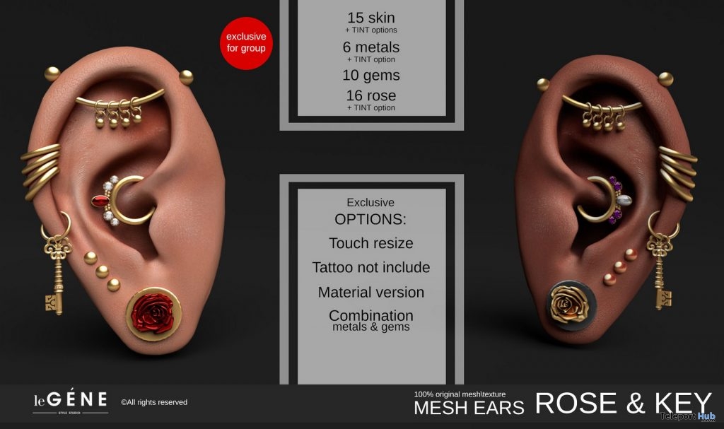 Rose & Key Mesh Ears January 2019 Group Gift by Le gene - Teleport Hub - teleporthub.com