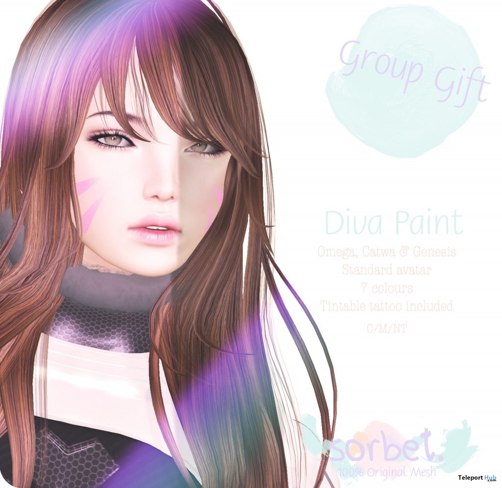 Diva Paint Face Tattoo with Mesh Head Appliers Group Gift by Sorbet - Teleport Hub - teleporthub.com