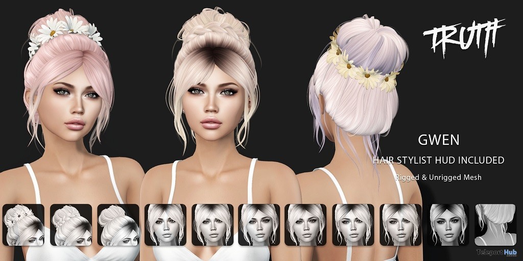 Gwen Hair Fatpack With Style HUD July 2018 Group Gift by TRUTH HAIR - Teleport Hub - teleporthub.com