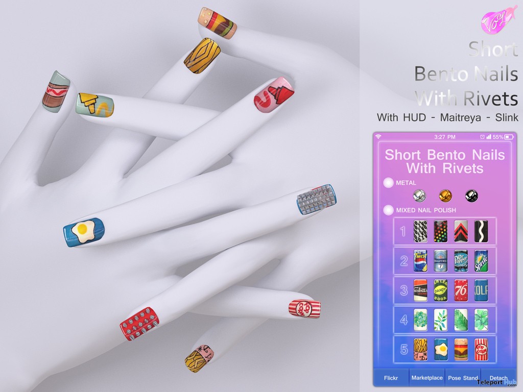 Short Bento Nails With Rivets September 2018 Group Gift by VO.Z - Teleport Hub - teleporthub.com
