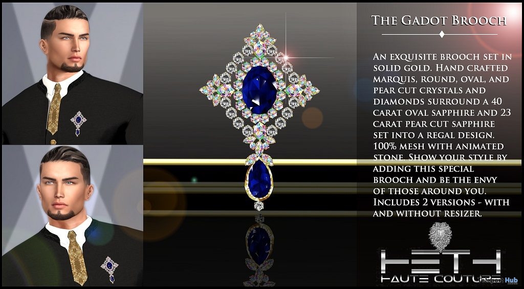 Gadot Brooch Gold and Sapphire March 2019 Group Gift by HETH Haute Couture - Teleport Hub - teleporthub.com