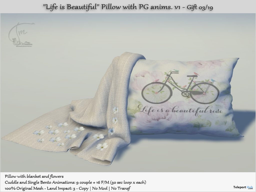 Life is Beautiful Pillow With Animations March 2019 Group Gift by Tm Creation - Teleport Hub - teleporthub.com