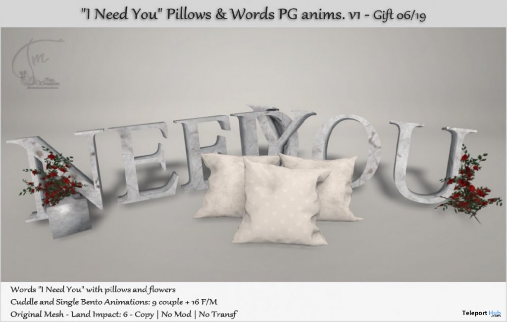 I Need You Pillows & Words With Animations June 2019 Group Gift by Tm Creation - Teleport Hub - teleporthub.com