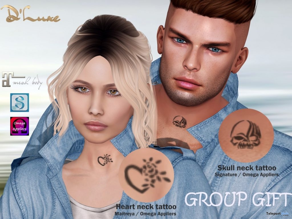 Heart & Skull Neck Tattoos July 2019 Group Gift by D'Luxe Body Fashion - Teleport Hub - teleporthub.com