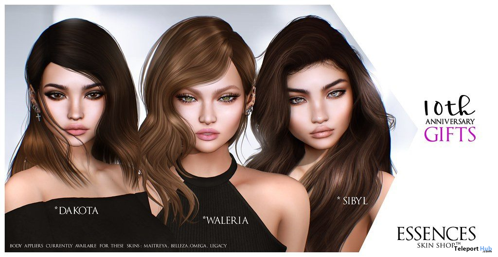 Dakota, Waleria, & Sibyl Skin Appliers Fatpack 10th Anniversary Group Gift by Essences - Teleport Hub - teleporthub.com