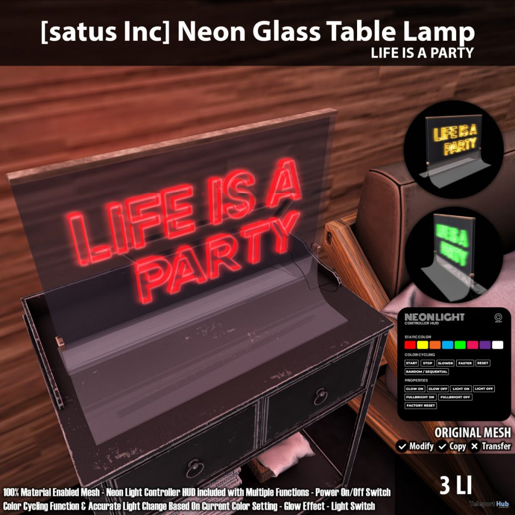 New Release: Neon Glass Table Lamp [Life Is A Party] by [satus Inc] - Teleport Hub - teleporthub.com