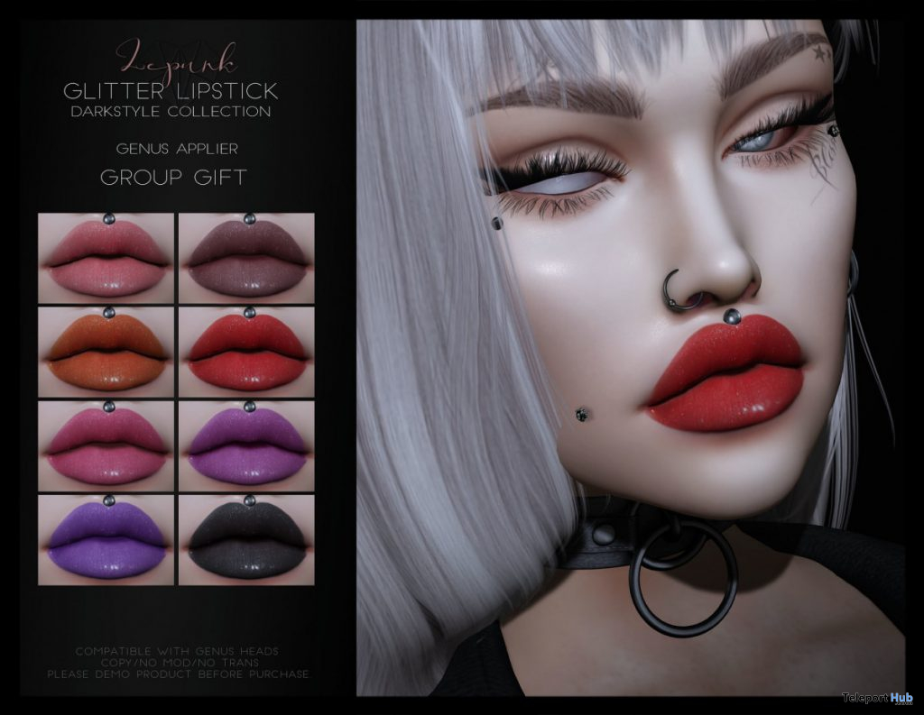 Glitter Lipstick For Genus Mesh Head December 2019 Group Gift by LePunk - Teleport Hub - teleporthub.com