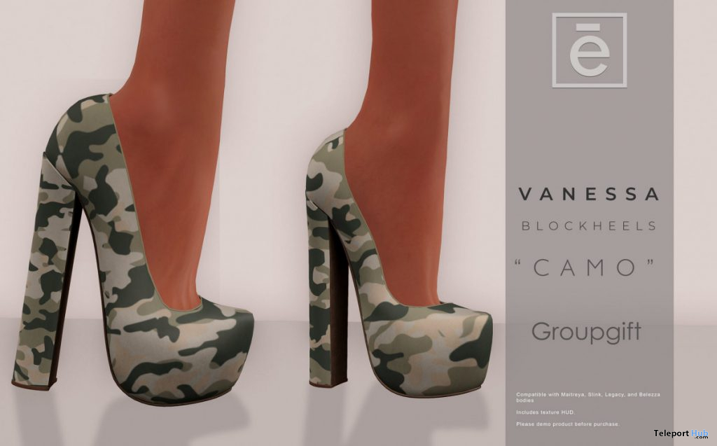 Vanessa Block Heels Camo January 2020 Group Gift by Ohemo - Teleport Hub - teleporthub.com