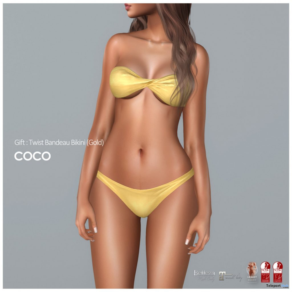 Twist Bandeau Bikini Gold August 2020 Group Gift by COCO Designs - Teleport Hub - teleporthub.com