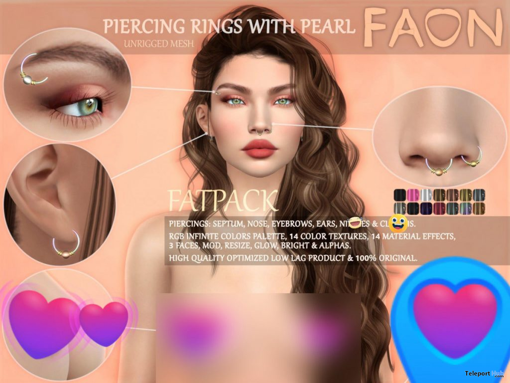 Piercing Rings With Pearl Fatpack September 2020 Group Gift by FAON - Teleport Hub - teleporthub.com