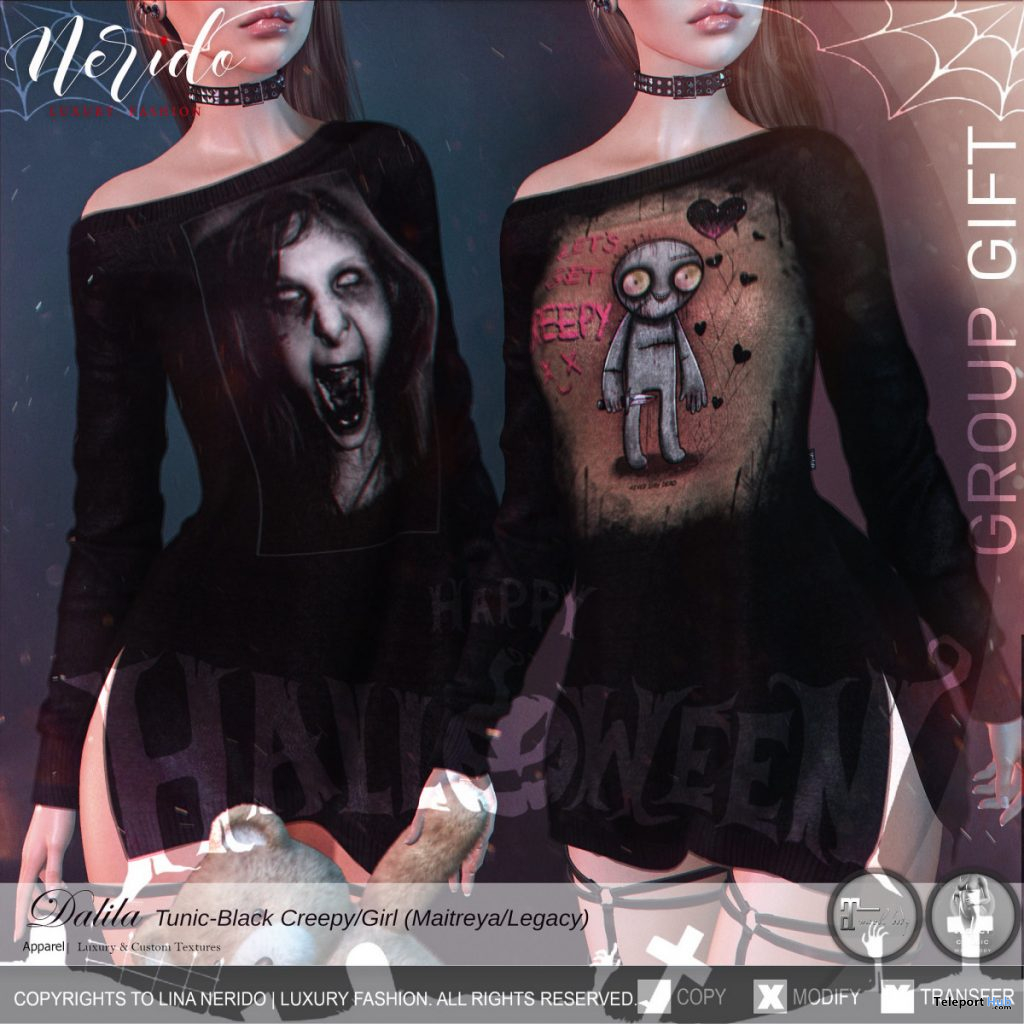 Dalila Tunic Black Creepy & Girl October 2020 Group Gift by Nerido - Teleport Hub - teleporthub.com