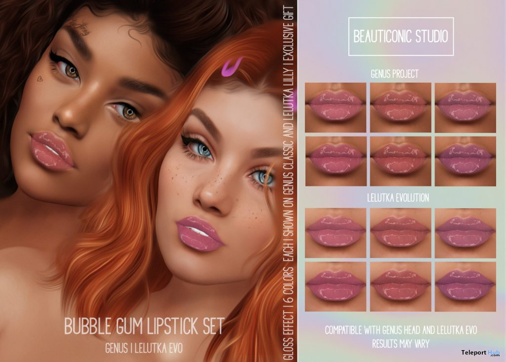 Bubble Gum HD Lipstick Set For Genus & Lelutka March 2021 Group Gift by Beauticonic Studio - Teleport Hub - teleporthub.com