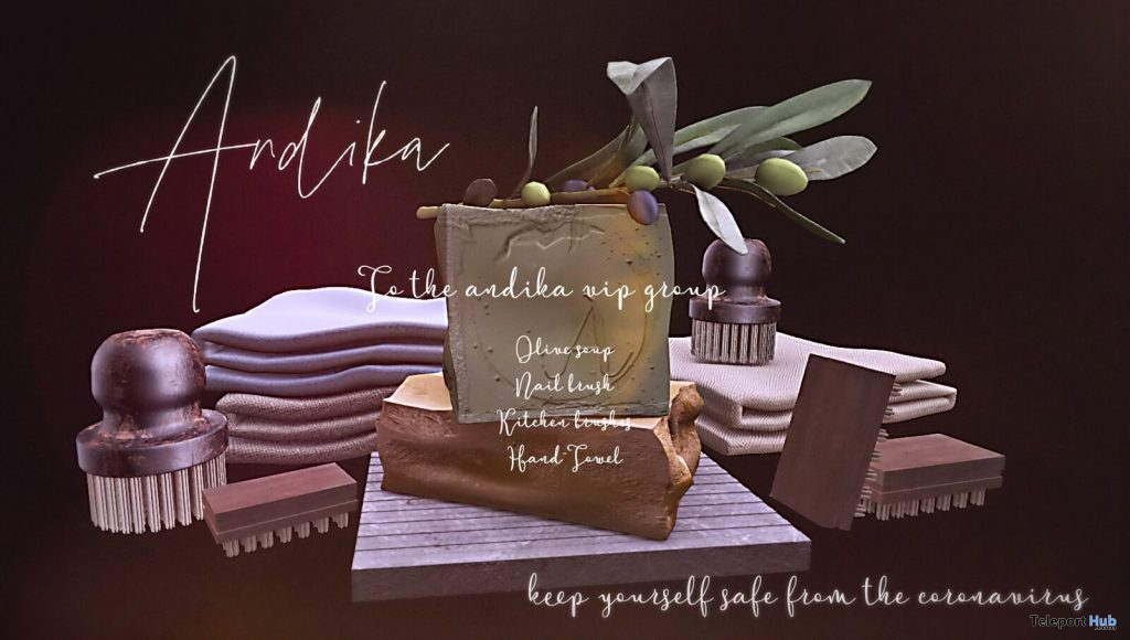 Olive Soap, Nail Brush, Kitchen Brush, & Hand Towel April 2021 Group Gift by Andika - Teleport Hub - teleporthub.com