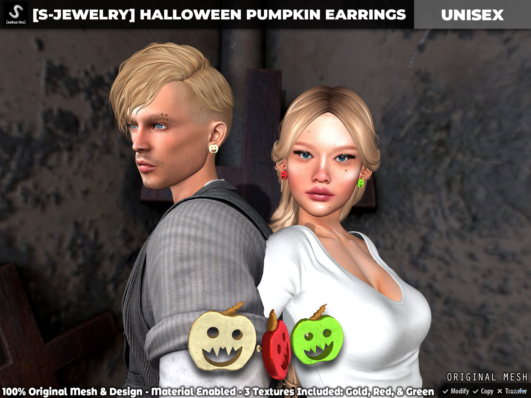 [S-Jewelry] Halloween Pumpkin Earrings Unisex Group Gift by [satus Inc] - Teleport Hub - teleporthub.com