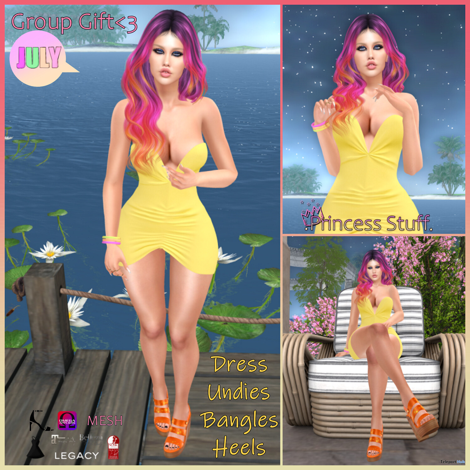 Yellow Dress, Undies, Bangles, & Heels July 2022 Group Gift by Princess Stuff - Teleport Hub - teleporthub.com