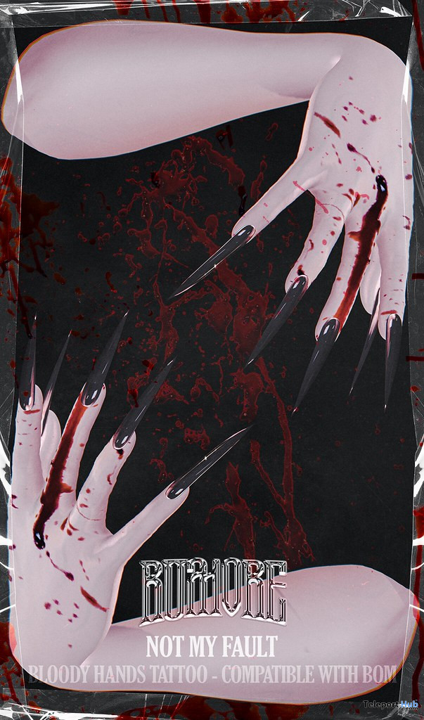 Not My Fault Bloody Hands Tattoo BOM October 2022 Group Gift by RUMORE - Teleport Hub - teleporthub.com