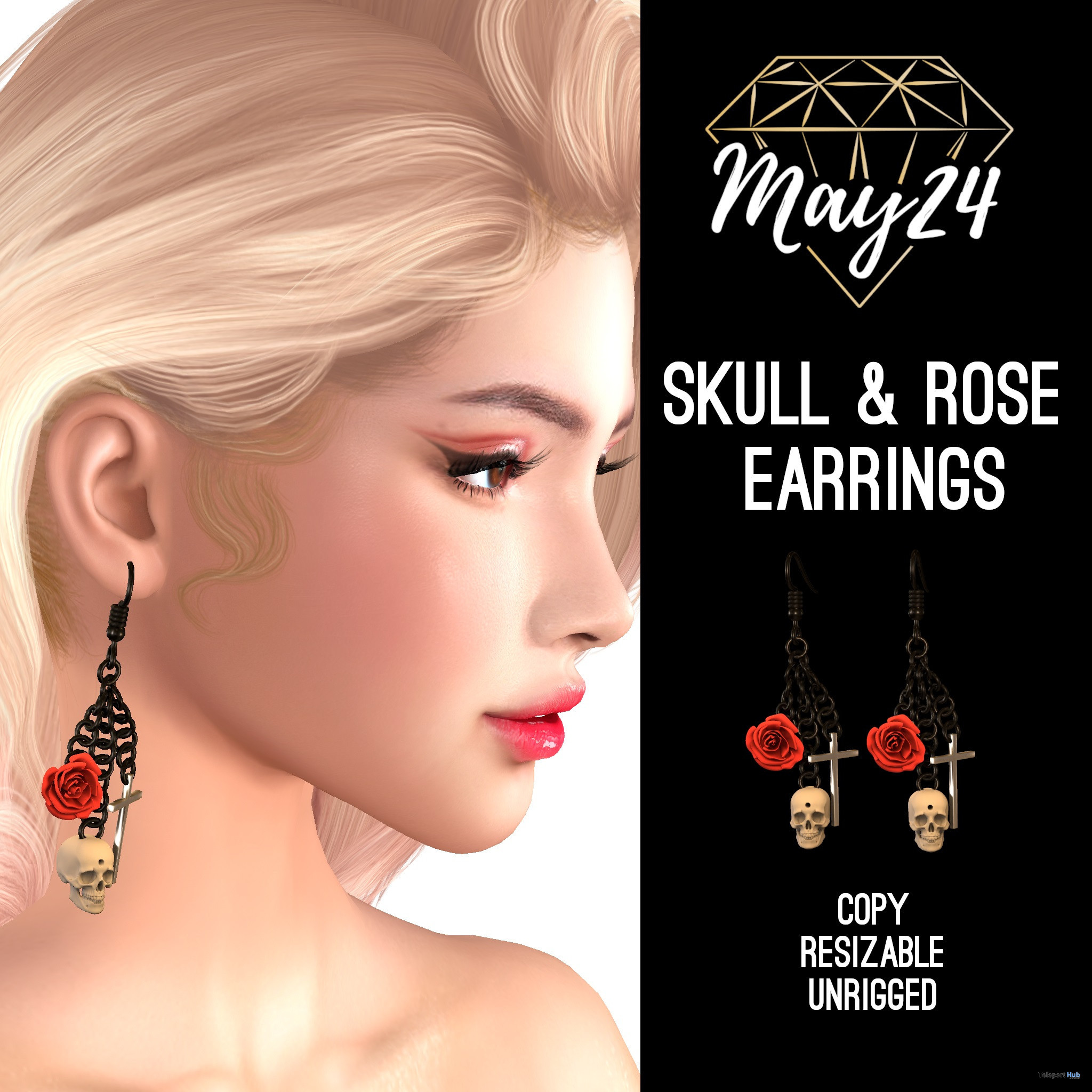 Skull & Rose Earrings Halloween 2022 Group Gift by May24 - Teleport Hub - teleporthub.com