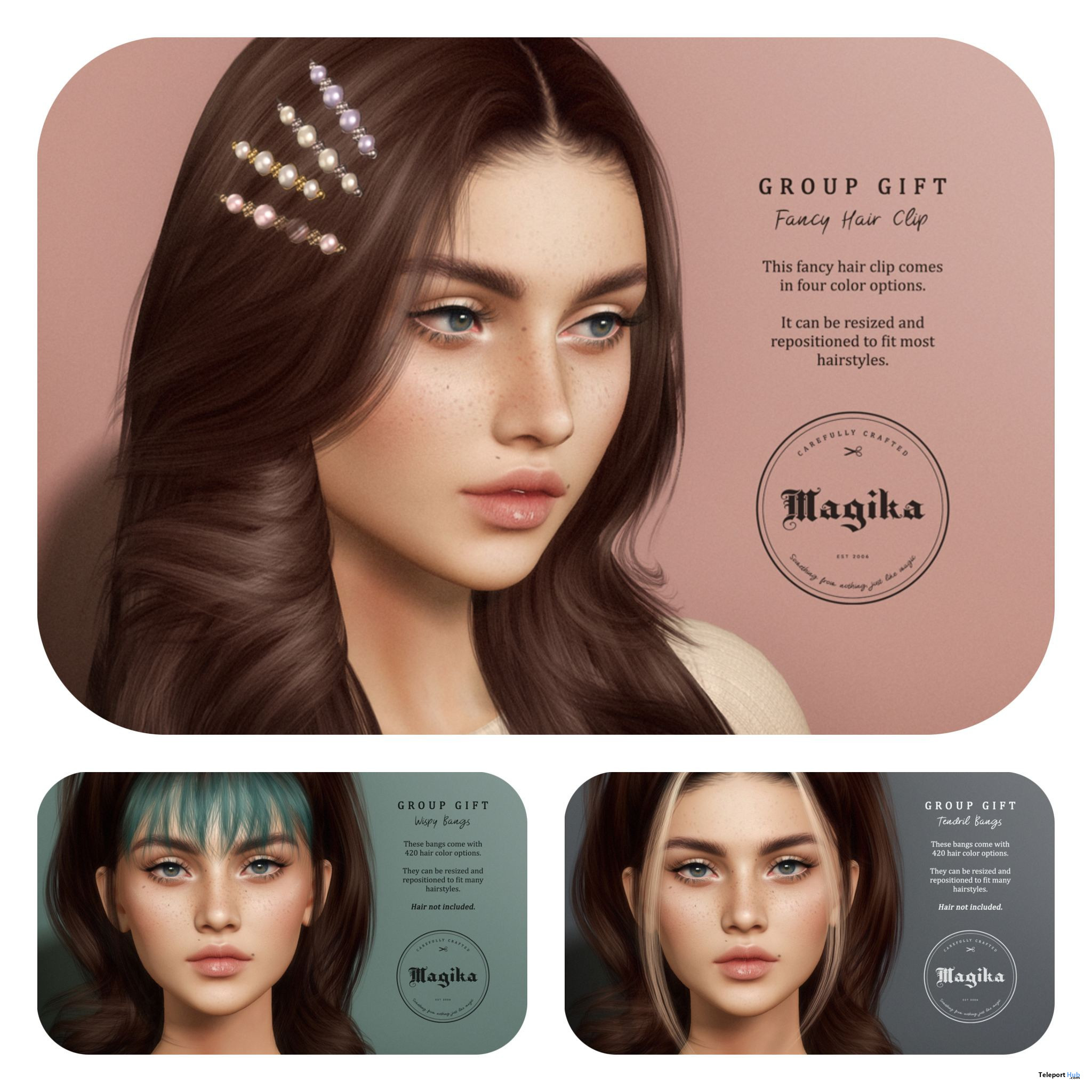 Fancy Hair Clip, Wispy Bangs, & Tendril Bangs March 2023 Group Gift by Magika - Teleport Hub - teleporthub.com